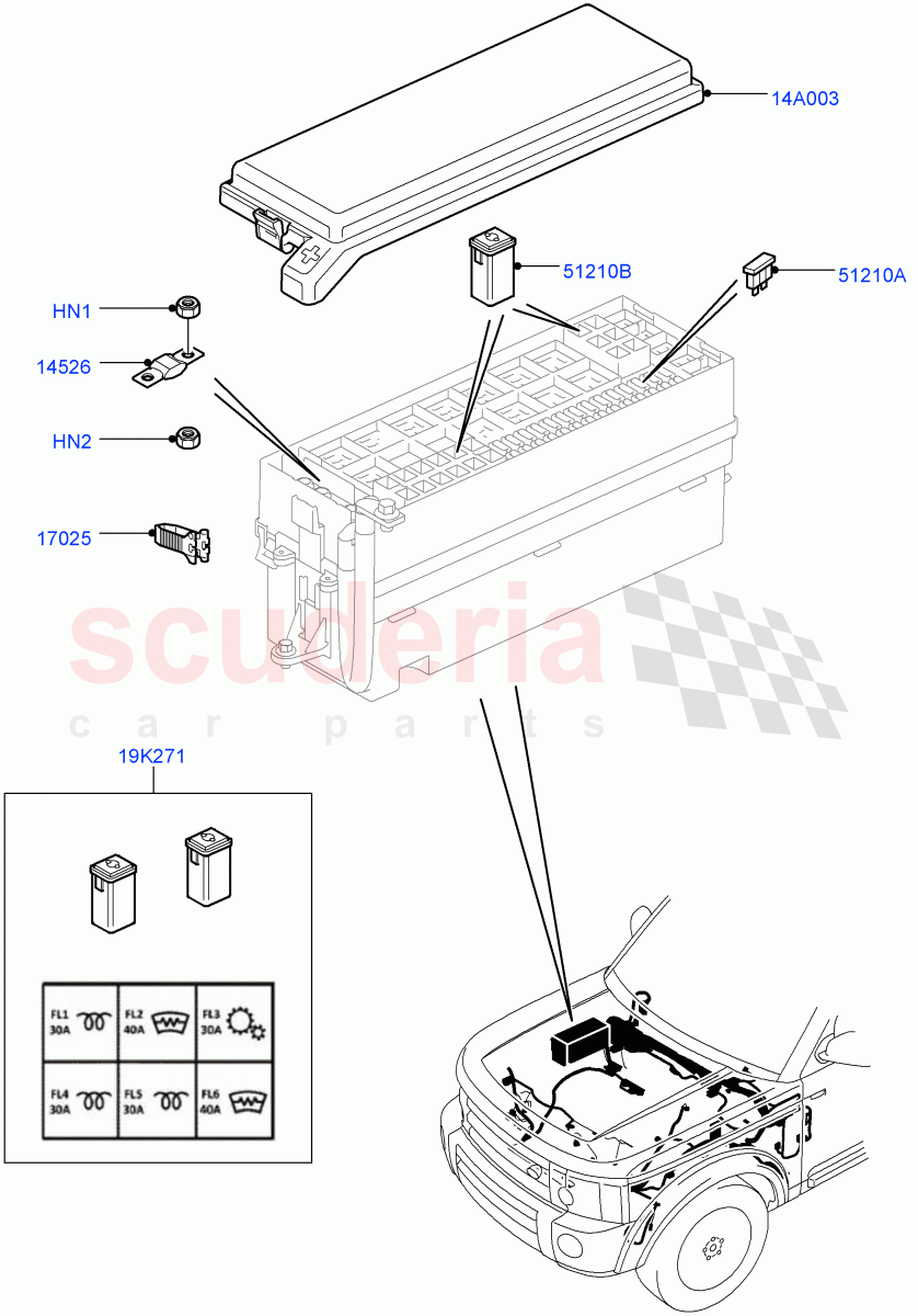 Fuses, Holders And Circuit Breakers(Engine Compartment)((V)FROMAA000001) of Land Rover Land Rover Discovery 4 (2010-2016) [5.0 OHC SGDI NA V8 Petrol]