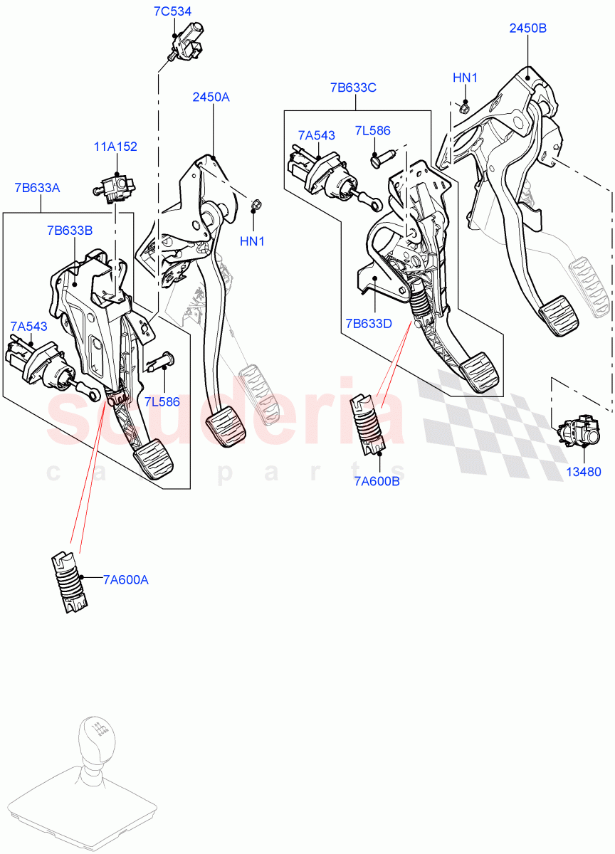 Brake And Clutch Controls (6 Speed Manual Trans M66 - AWD, Halewood (UK), Unique Met Finish Foot Pedals Pads, 6 Speed Manual Trans-JLR M66 2WD, 6 Speed Manual Trans BG6) ((V) FROMGH000001) of Land Rover Land Rover Discovery Sport (2015+) [2.0 Turbo Petrol AJ200P]
