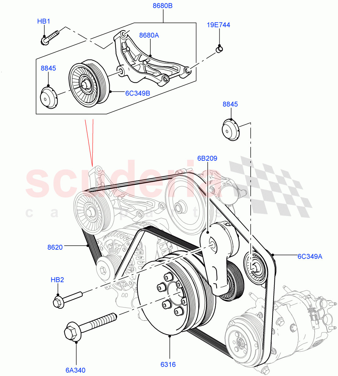 Pulleys And Drive Belts(Primary Drive)(5.0 Petrol AJ133 DOHC CDA,Less ACE Suspension,5.0L P AJ133 DOHC CDA S/C Enhanced)((V)FROMJA000001,(V)TOJA999999) of Land Rover Land Rover Range Rover Sport (2014+) [5.0 OHC SGDI SC V8 Petrol]