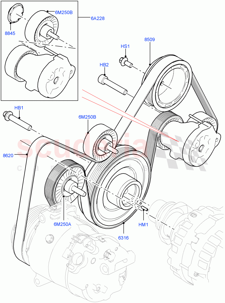 Pulleys And Drive Belts (2.0L AJ20P4 Petrol High PTA, Halewood (UK), Less Electric Engine Battery, 2.0L AJ20P4 Petrol E100 PTA, 2.0L AJ20P4 Petrol Mid PTA) of Land Rover Land Rover Discovery Sport (2015+) [2.0 Turbo Petrol AJ200P]