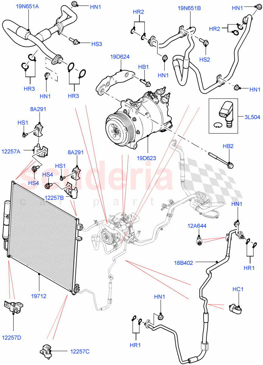 Air Conditioning Condensr/Compressr(Front, Solihull Plant Build)(3.0 V6 D Low MT ROW,3.0 V6 D Gen2 Twin Turbo,3.0 V6 D Gen2 Mono Turbo)((V)FROMHA000001) of Land Rover Land Rover Discovery 5 (2017+) [3.0 DOHC GDI SC V6 Petrol]