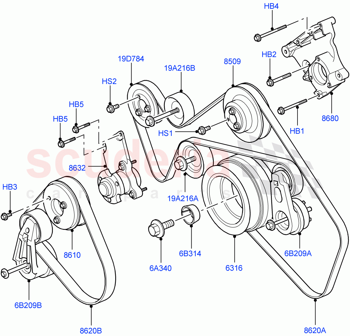 Pulleys And Drive Belts(AJ Petrol 4.4 V8 EFI (220KW),With Roll Stability Control) of Land Rover Land Rover Range Rover Sport (2005-2009) [4.4 AJ Petrol V8]