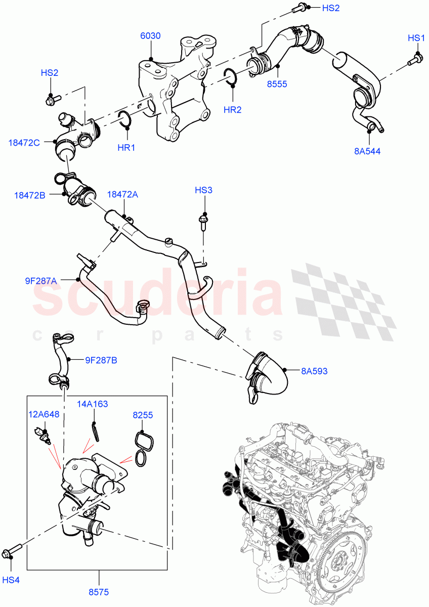Thermostat/Housing & Related Parts (2.0L AJ20P4 Petrol High PTA, Halewood (UK), 2.0L AJ20P4 Petrol Mid PTA, 2.0L AJ20P4 Petrol E100 PTA) of Land Rover Land Rover Range Rover Evoque (2019+) [2.0 Turbo Petrol AJ200P]