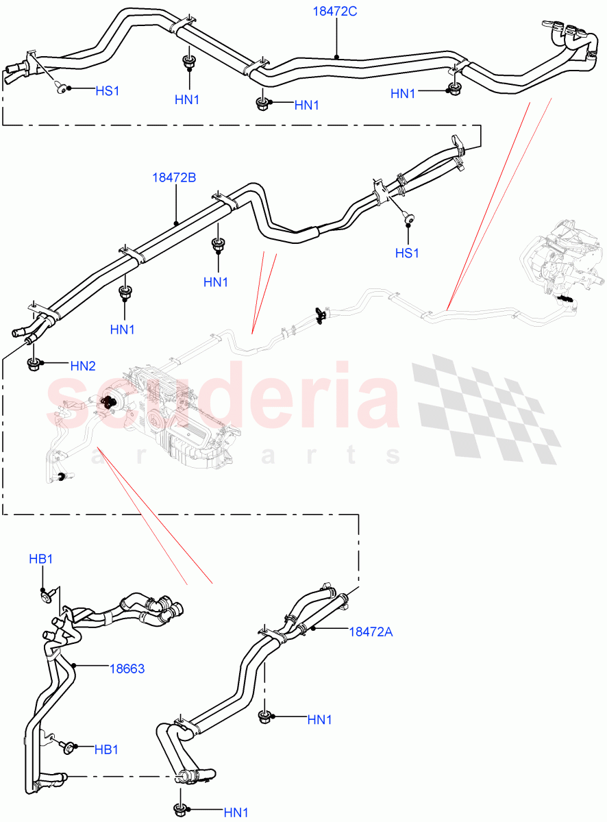 Heater Hoses(Rear)(3.0L DOHC GDI SC V6 PETROL,Premium Air Conditioning-Front/Rear,3.0 V6 D Gen2 Twin Turbo,5.0L P AJ133 DOHC CDA S/C Enhanced,3.0 V6 D Low MT ROW,3.0 V6 D Gen2 Mono Turbo,5.0 Petrol AJ133 DOHC CDA,4.4L DOHC DITC V8 Diesel)((V)FROMKA000001) of Land Rover Land Rover Range Rover Sport (2014+) [3.0 DOHC GDI SC V6 Petrol]