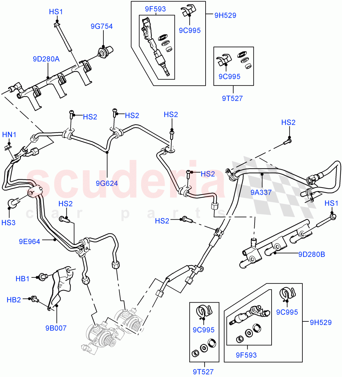 Fuel Injectors And Pipes (Solihull Plant Build) (3.0L DOHC GDI SC V6 PETROL) ((V) FROMEA000001) of Land Rover Land Rover Discovery 5 (2017+) [3.0 DOHC GDI SC V6 Petrol]
