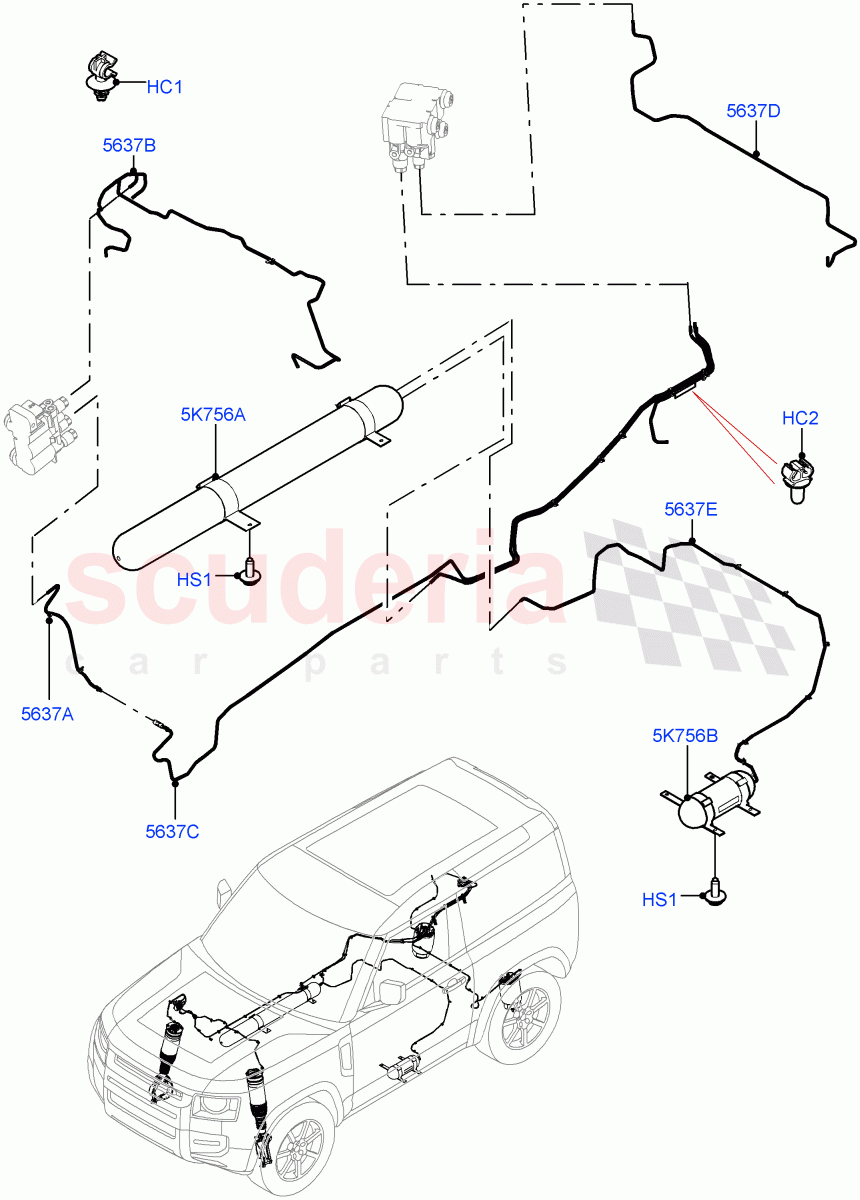 Air Suspension Compressor And Lines (Short Wheelbase, With Four Corner Air Suspension) of Land Rover Land Rover Defender (2020+) [2.0 Turbo Petrol AJ200P]