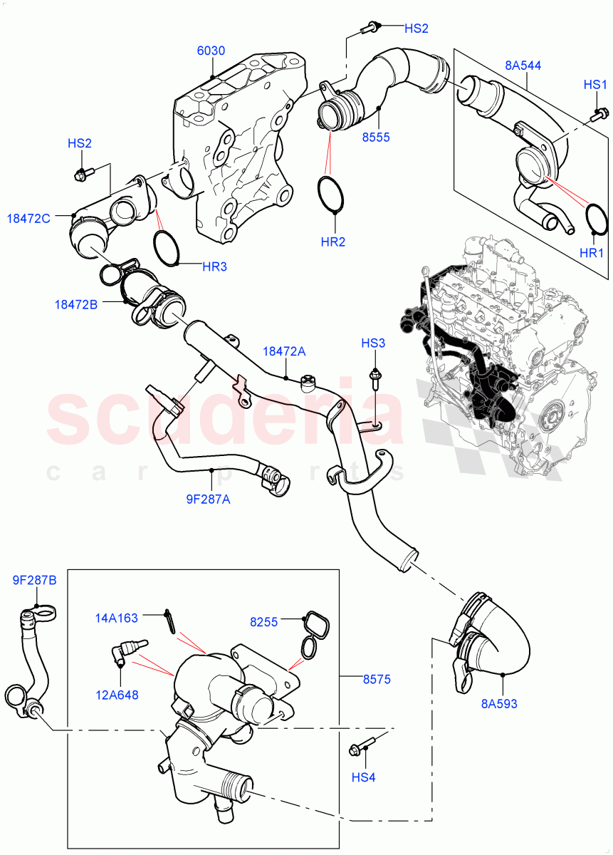 Thermostat/Housing & Related Parts (2.0L I4 High DOHC AJ200 Petrol, 2.0L I4 Mid DOHC AJ200 Petrol, 2.0L I4 Mid AJ200 Petrol E100) ((V) FROMJH000001) of Land Rover Land Rover Range Rover Evoque (2012-2018) [2.0 Turbo Petrol AJ200P]