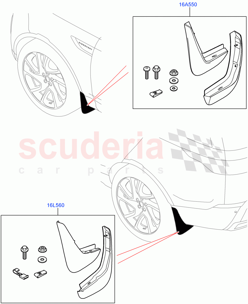Mudflaps - Front & Rear (Nitra Plant Build, Solihull Plant Build) of Land Rover Land Rover Discovery 5 (2017+) [3.0 Diesel 24V DOHC TC]