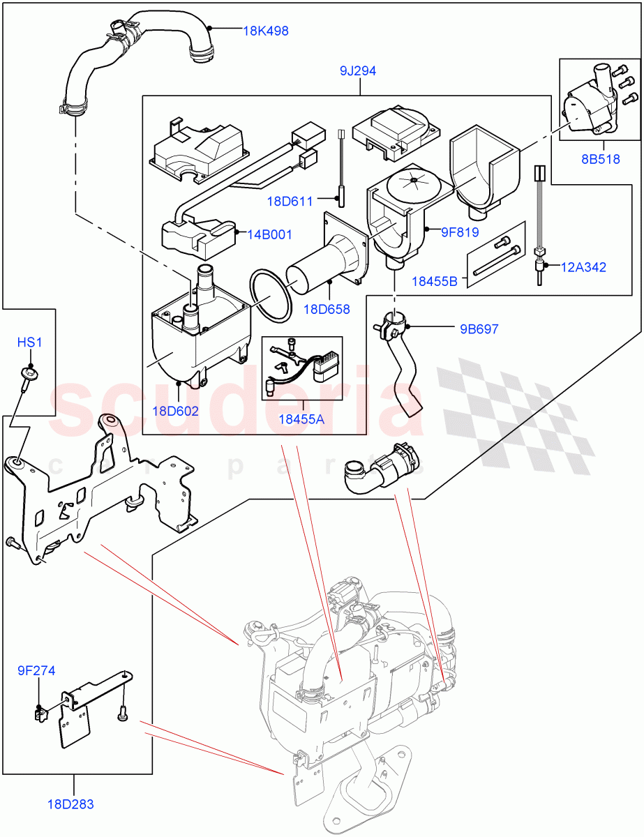 Auxiliary Fuel Fired Pre-Heater (Heater Components) (5.0L OHC SGDI SC V8 Petrol - AJ133, Electric Auxiliary Coolant Pump, With Fuel Fired Heater, 3.0L DOHC GDI SC V6 PETROL) ((V) TOHA999999) of Land Rover Land Rover Range Rover Sport (2014+) [2.0 Turbo Petrol AJ200P]