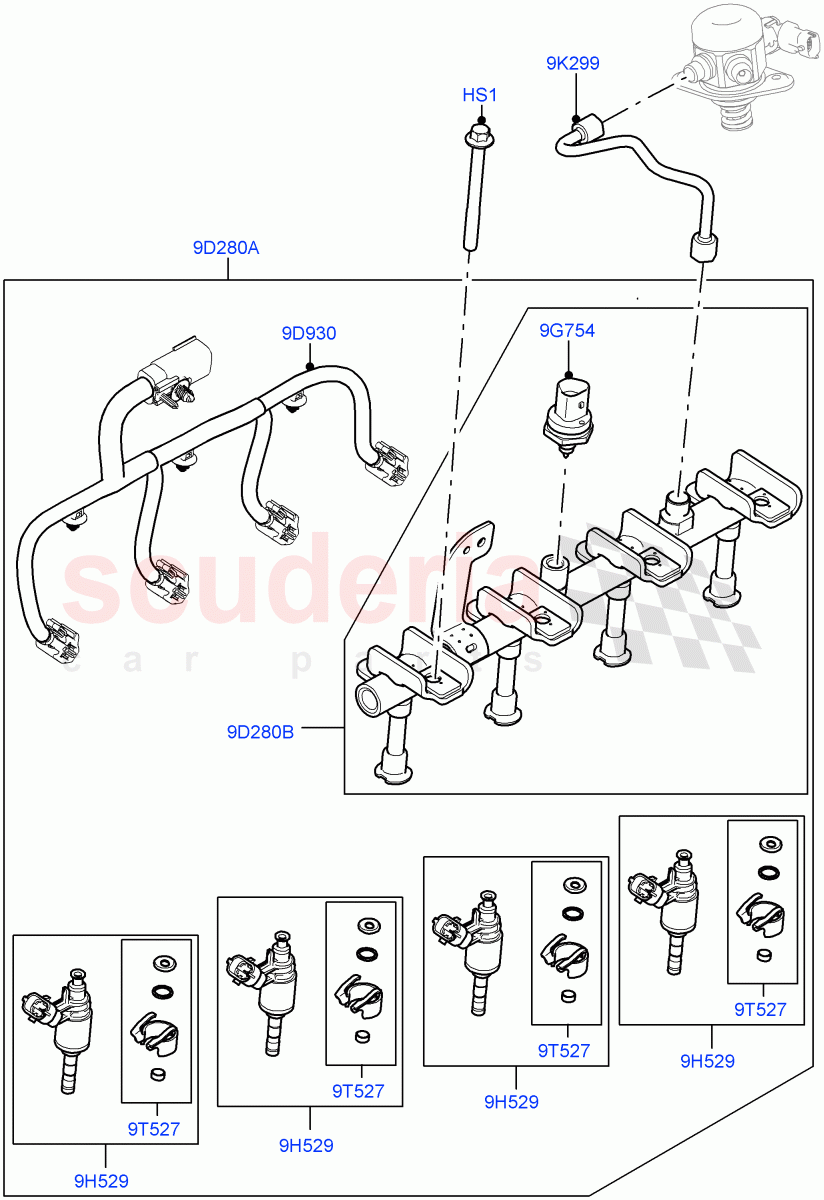 Fuel Injectors And Pipes (Solihull Plant Build) (2.0L I4 Mid DOHC AJ200 Petrol, 2.0L I4 High DOHC AJ200 Petrol, 2.0L AJ200P Hi PHEV) ((V) FROMHA000001) of Land Rover Land Rover Discovery 5 (2017+) [2.0 Turbo Petrol AJ200P]