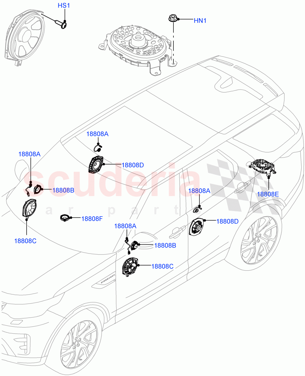 Speakers(Nitra Plant Build)(Hi Line Audio System - 600 W)((V)FROMK2000001) of Land Rover Land Rover Discovery 5 (2017+) [3.0 Diesel 24V DOHC TC]