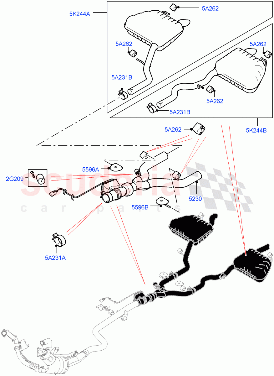Rear Exhaust System (3.0 V6 D Gen2 Twin Turbo, Dual Exhaust) of Land Rover Land Rover Range Rover Velar (2017+) [3.0 Diesel 24V DOHC TC]