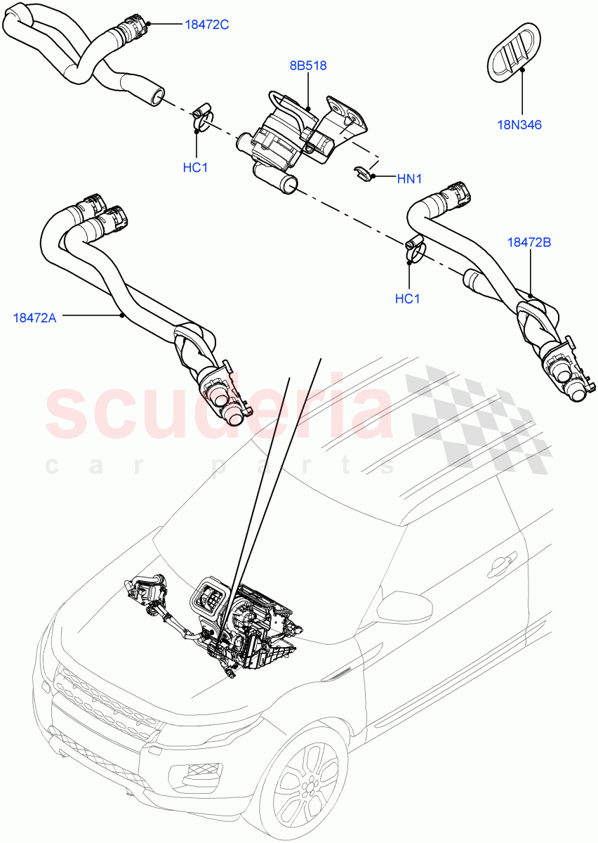 Heater Hoses (2.0L 16V TIVCT T/C 240PS Petrol, Halewood (UK), 2.0L I4 DSL MID DOHC AJ200, 2.0L 16V TIVCT T/C Gen2 Petrol) ((V) TOGH999999) of Land Rover Land Rover Range Rover Evoque (2012-2018) [2.0 Turbo Diesel]