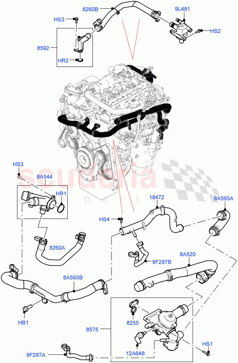 Thermostat/Housing & Related Parts (2.0L I4 Mid DOHC AJ200 Petrol, 2.0L AJ200P Hi PHEV) ((V) FROMMA000001) of Land Rover Land Rover Range Rover Velar (2017+) [2.0 Turbo Petrol AJ200P]