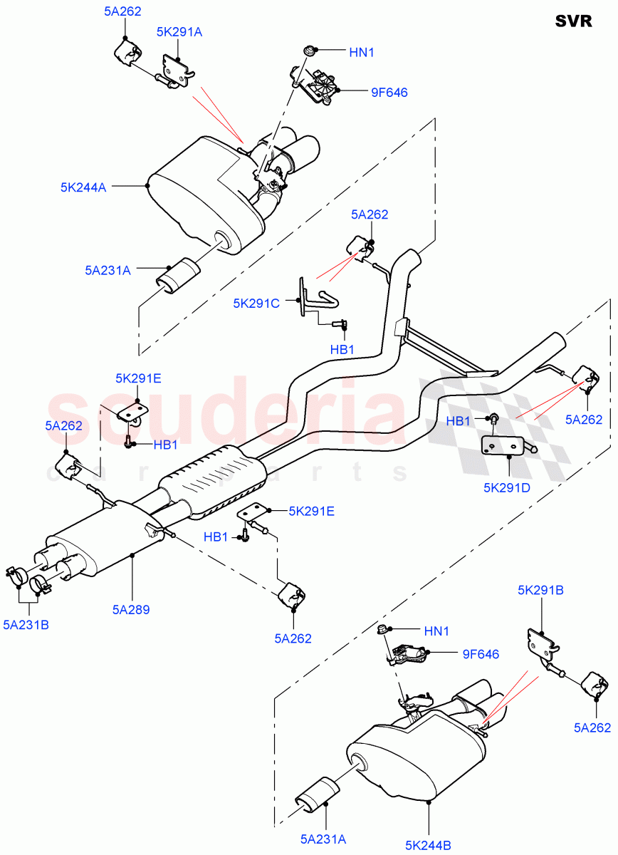 Exhaust System(Middle And Rear Section)(5.0L OHC SGDI SC V8 Petrol - AJ133,SVR Version,SVR,5.0L P AJ133 DOHC CDA S/C Enhanced)((V)FROMFA000001) of Land Rover Land Rover Range Rover Sport (2014+) [5.0 OHC SGDI SC V8 Petrol]