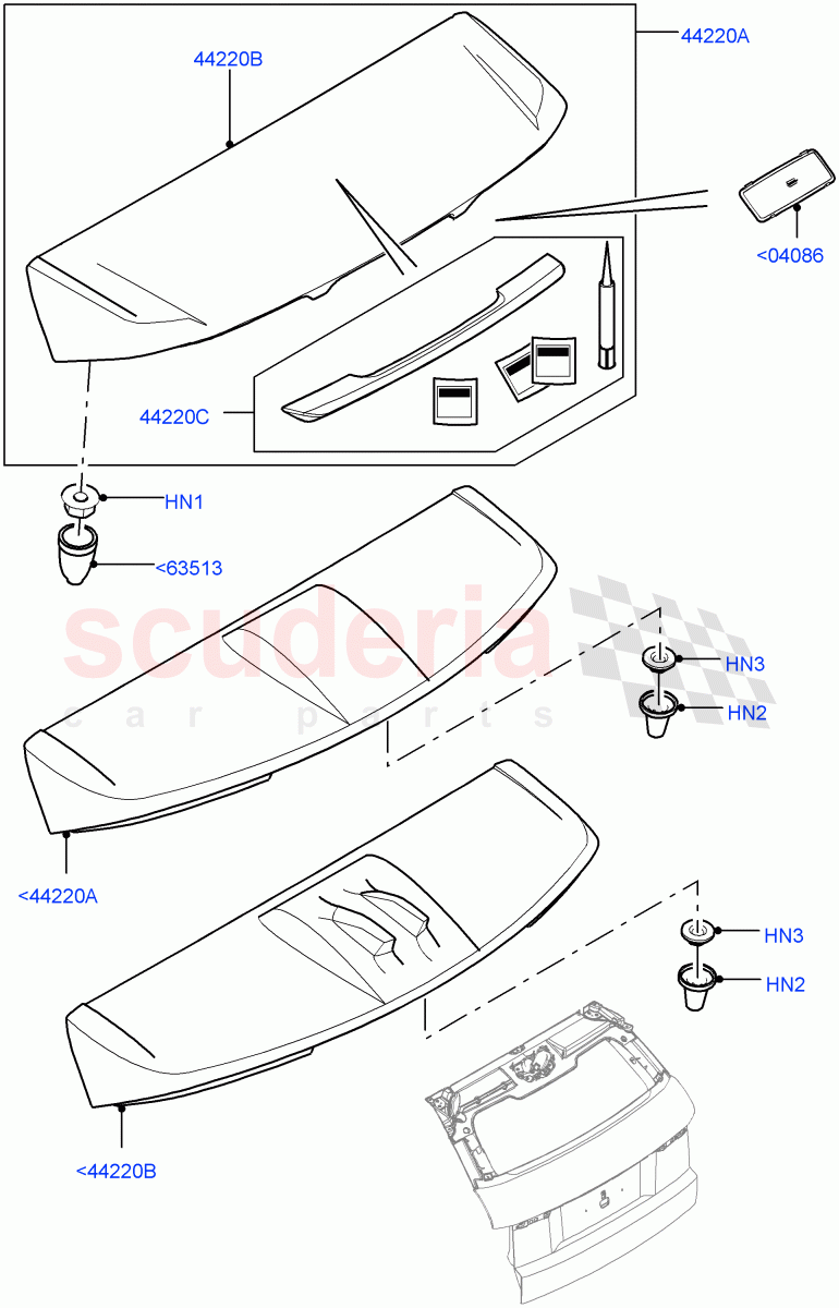 Spoiler And Related Parts (3 Door, Halewood (UK), With Roof Spoiler-Union Flag Mono, With Roof Spoiler-Union Flag Colour, 5 Door, With Roof Spoiler - Painted Black, With Roof Spoiler, Less Roof Spoiler) ((V) TOGH999999) of Land Rover Land Rover Range Rover Evoque (2012-2018) [2.2 Single Turbo Diesel]