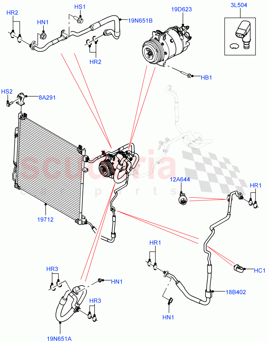 Air Conditioning Condensr/Compressr (Front, Solihull Plant Build) (2.0L I4 DSL MID DOHC AJ200, 2.0L I4 High DOHC AJ200 Petrol, 2.0L I4 DSL HIGH DOHC AJ200) ((V) FROMHA000001) of Land Rover Land Rover Discovery 5 (2017+) [3.0 DOHC GDI SC V6 Petrol]