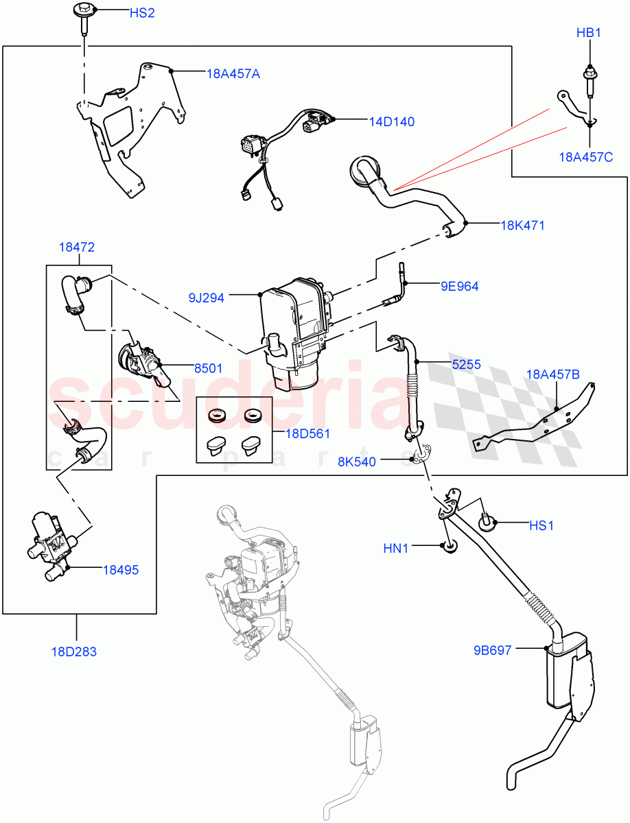 Auxiliary Fuel Fired Pre-Heater (Nitra Plant Build) (2.0L I4 DSL MID DOHC AJ200, Fuel Fired Heater With Park Heat, Fuel Heater W/Pk Heat With Remote, 3.0 V6 D Gen2 Mono Turbo, 3.0 V6 D Low MT ROW, 2.0L I4 DSL HIGH DOHC AJ200, 3.0 V6 D Gen2 Twin Turbo, 3.0L AJ20D6 Diesel High) ((V) FROMK2000001) of Land Rover Land Rover Discovery 5 (2017+) [3.0 I6 Turbo Petrol AJ20P6]