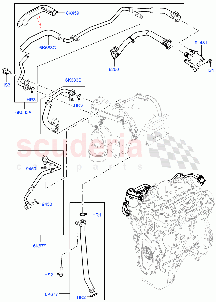 Turbocharger (Solihull Plant Build, Lubrication And Cooling) (2.0L I4 Mid DOHC AJ200 Petrol, 2.0L I4 High DOHC AJ200 Petrol, 2.0L AJ200P Hi PHEV) ((V) FROMHA000001) of Land Rover Land Rover Discovery 5 (2017+) [2.0 Turbo Petrol AJ200P]