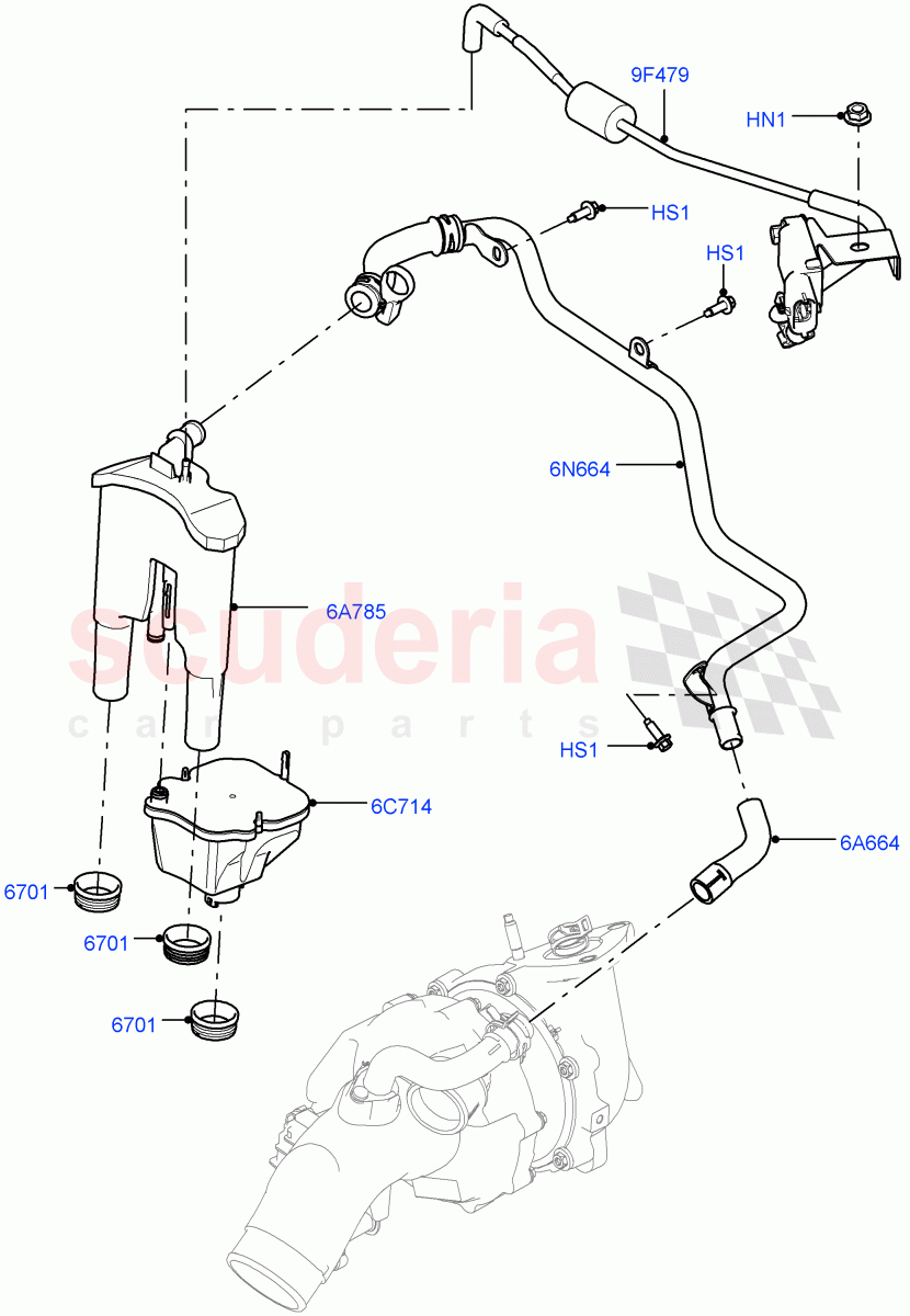 Emission Control - Crankcase (Solihull Plant Build, Engine Ventilation) (3.0 V6 D Gen2 Mono Turbo, 3.0 V6 D Low MT ROW) ((V) FROMFA000001) of Land Rover Land Rover Range Rover Sport (2014+) [3.0 Diesel 24V DOHC TC]