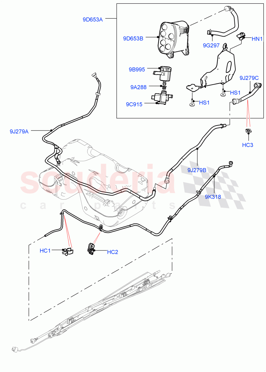 Fuel Lines (Rear) (2 Door Convertible, 2.0L I4 High DOHC AJ200 Petrol, Fuel Tank Filler Neck - DMTL, 2.0L I4 Mid DOHC AJ200 Petrol) ((V) FROMJH000001) of Land Rover Land Rover Range Rover Evoque (2012-2018) [2.0 Turbo Petrol AJ200P]