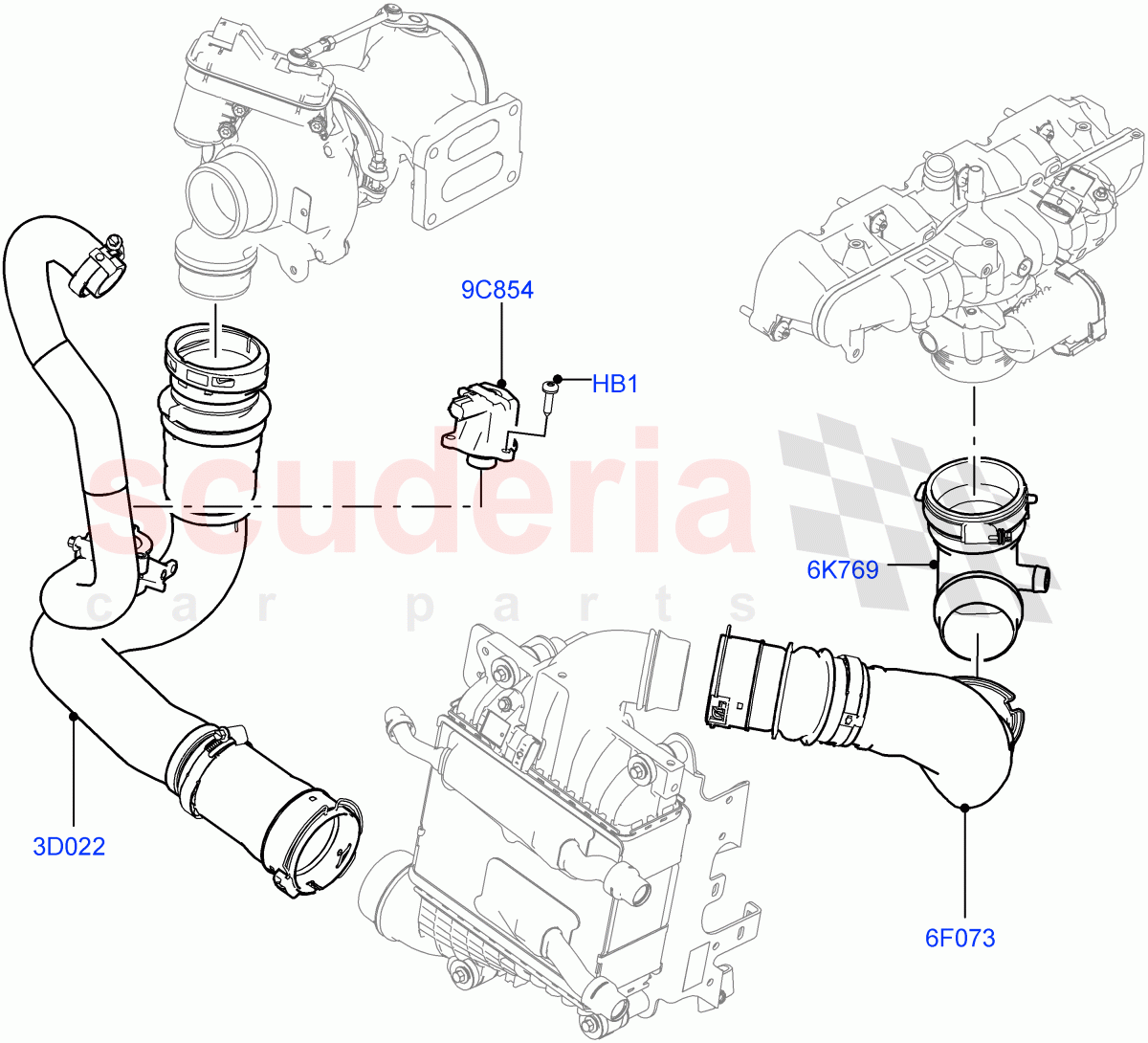 Intercooler/Air Ducts And Hoses (Air Ducts And Hoses) (2.0L I4 High DOHC AJ200 Petrol, 2.0L I4 Mid DOHC AJ200 Petrol) ((V) TOKA999999) of Land Rover Land Rover Range Rover Velar (2017+) [2.0 Turbo Petrol AJ200P]