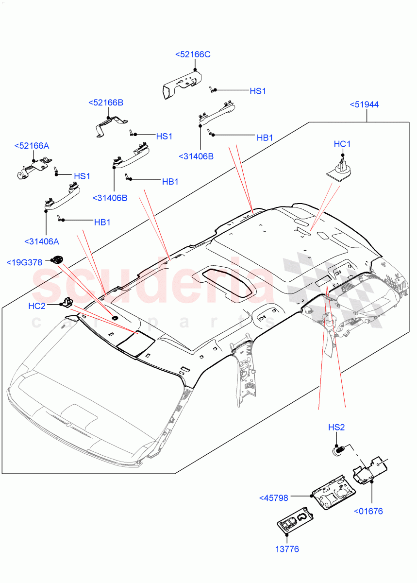 Headlining And Sun Visors (Nitra Plant Build) (Less Panorama Roof, With 3rd Row Double Seat, With 5 Seat Configuration, With Third Row Power Folding Seat, Less 3rd Row Rear Seat, With 7 Seat Configuration) ((V) FROMK2000001) of Land Rover Land Rover Discovery 5 (2017+) [3.0 Diesel 24V DOHC TC]