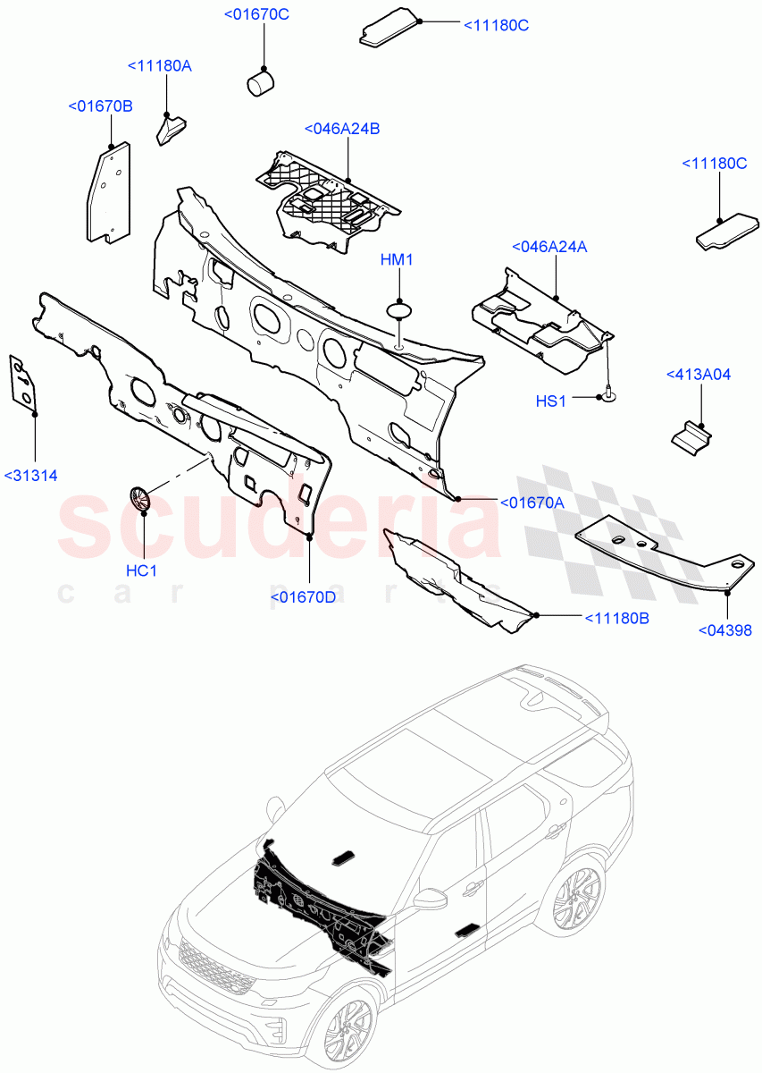 Insulators - Front(Passenger Compartment, Solihull Plant Build)((V)FROMHA000001) of Land Rover Land Rover Discovery 5 (2017+) [3.0 Diesel 24V DOHC TC]