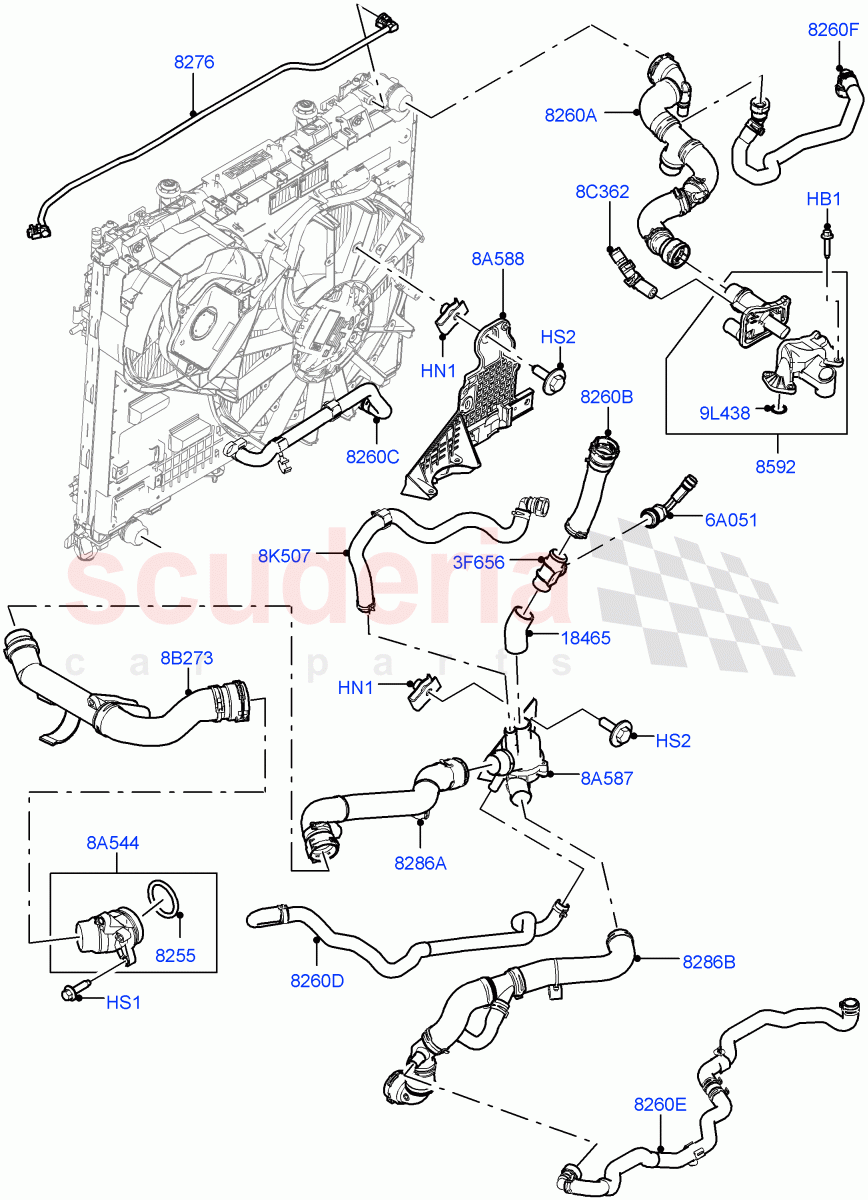 Cooling System Pipes And Hoses(Engine, Solihull Plant Build)(3.0 V6 D Gen2 Twin Turbo,With Standard Engine Cooling System,Immersion Heater - 700W / 110V)((V)FROMKA000001) of Land Rover Land Rover Range Rover Sport (2014+) [3.0 Diesel 24V DOHC TC]