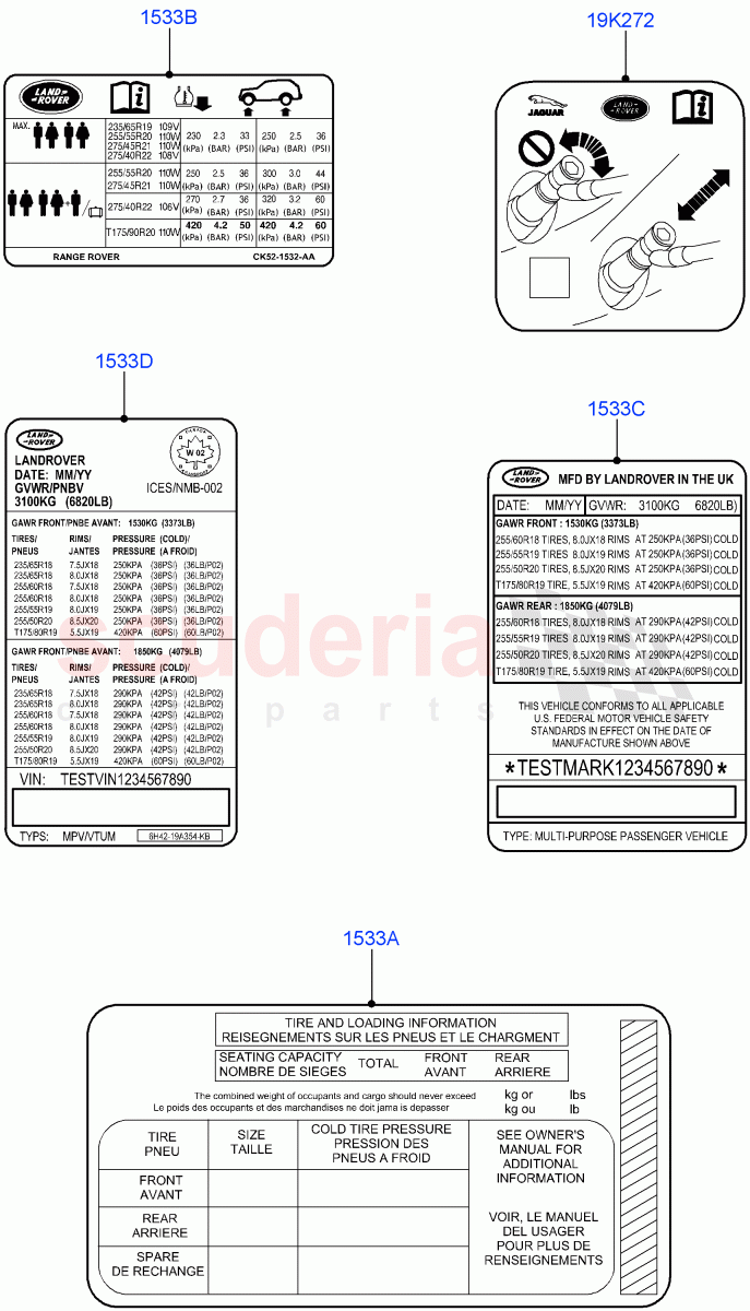 Labels (Solihull Plant Build, Tyre Pressure Label) ((V) FROMHA000001) of Land Rover Land Rover Discovery 5 (2017+) [3.0 I6 Turbo Diesel AJ20D6]