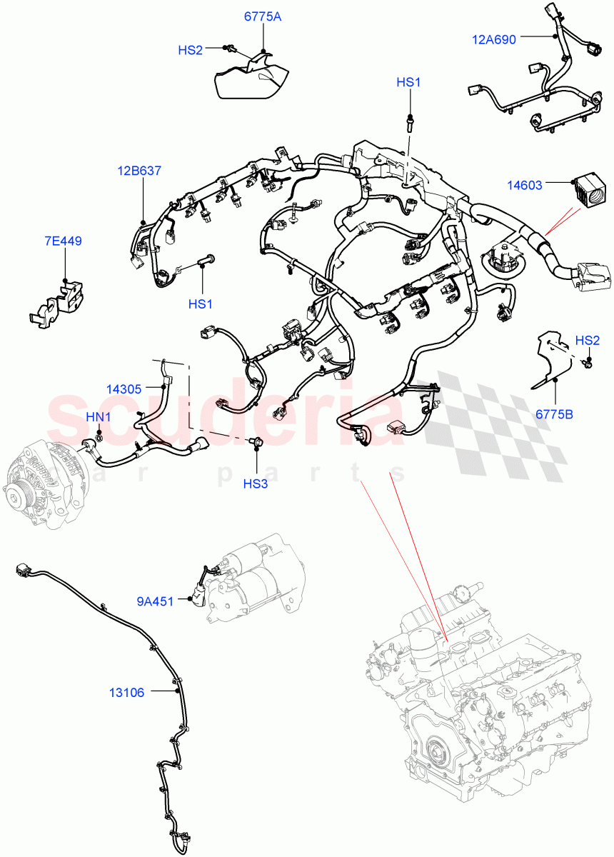 Engine Harness(Nitra Plant Build)(3.0L DOHC GDI SC V6 PETROL)((V)FROMK2000001) of Land Rover Land Rover Discovery 5 (2017+) [3.0 Diesel 24V DOHC TC]