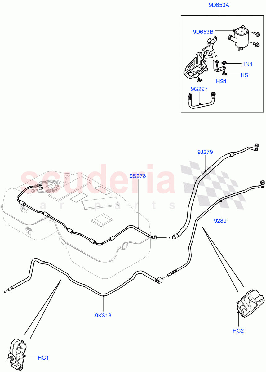 Fuel Lines (Rear) (2.0L I4 Mid DOHC AJ200 Petrol, (-) "CDN/MEX/USA", Fuel Tank Filler Neck - Unleaded, 2.0L I4 High DOHC AJ200 Petrol, 2.0L I4 Mid AJ200 Petrol E100) ((V) FROMJH000001, (V) TOJH999999) of Land Rover Land Rover Discovery Sport (2015+) [2.0 Turbo Petrol AJ200P]