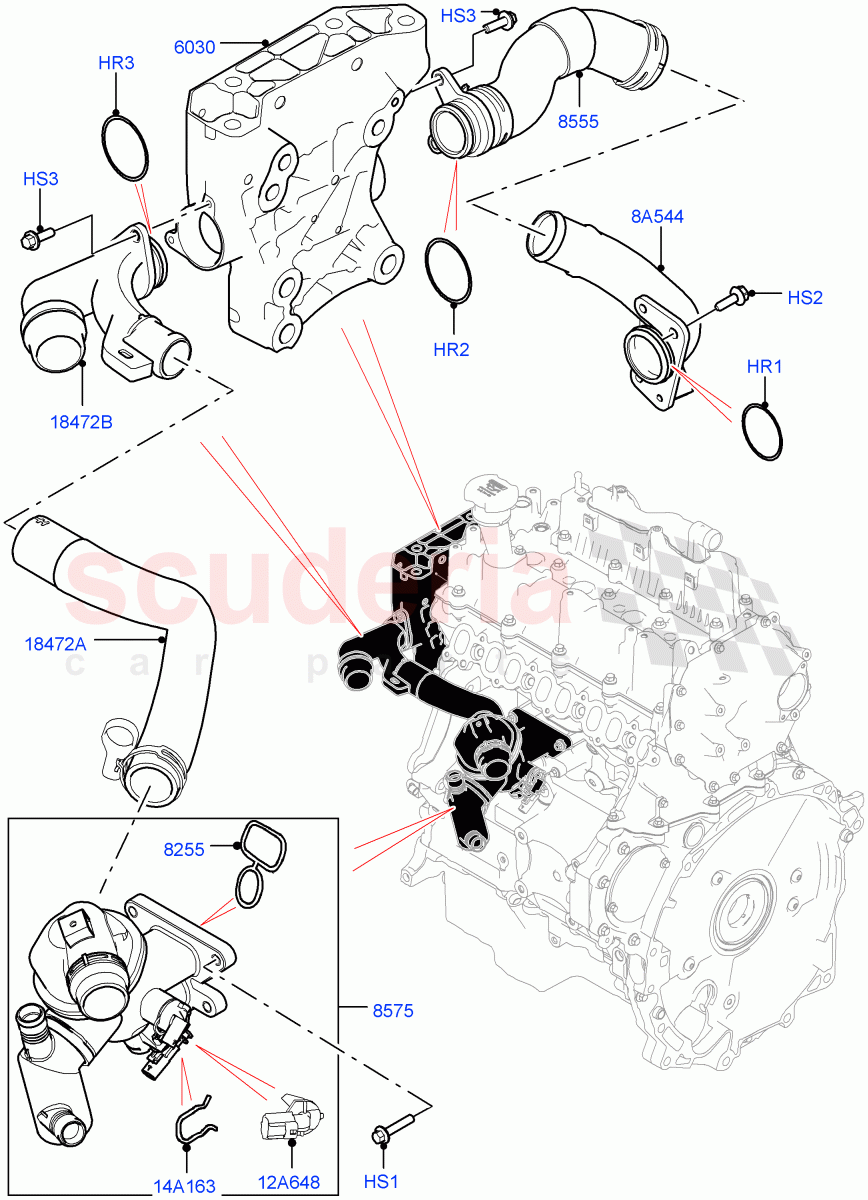 Thermostat/Housing & Related Parts (2.0L I4 DSL HIGH DOHC AJ200, 6 Speed Manual Trans-JLR M66 2WD, Halewood (UK), 2.0L I4 DSL MID DOHC AJ200, 6 Speed Manual Trans M66 - AWD, 9 Speed Auto AWD, 6 Speed Manual Trans BG6) of Land Rover Land Rover Discovery Sport (2015+) [2.0 Turbo Diesel]