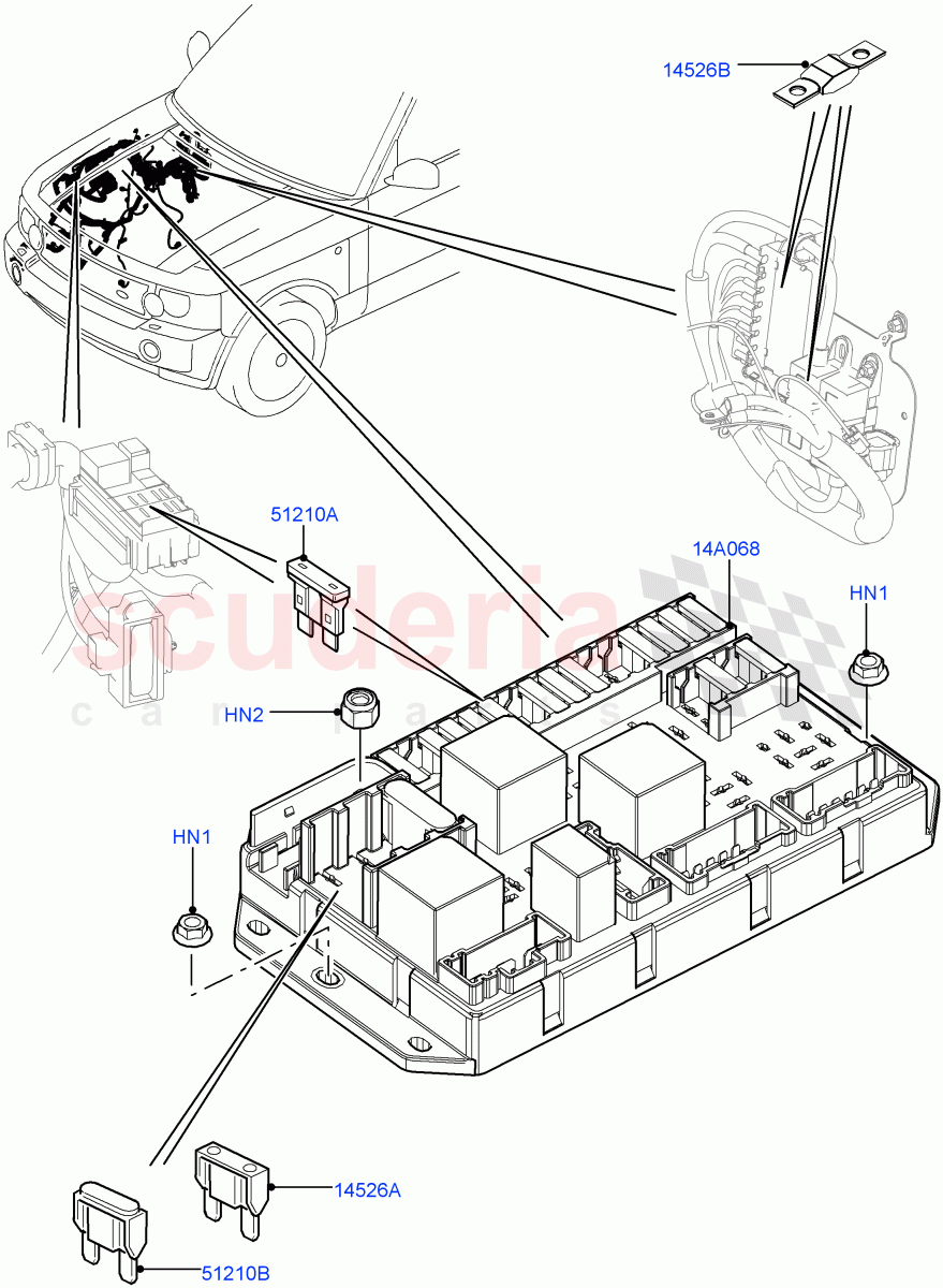 Fuses, Holders And Circuit Breakers (Engine Compartment) ((V) FROMAA000001) of Land Rover Land Rover Range Rover (2010-2012) [3.6 V8 32V DOHC EFI Diesel]
