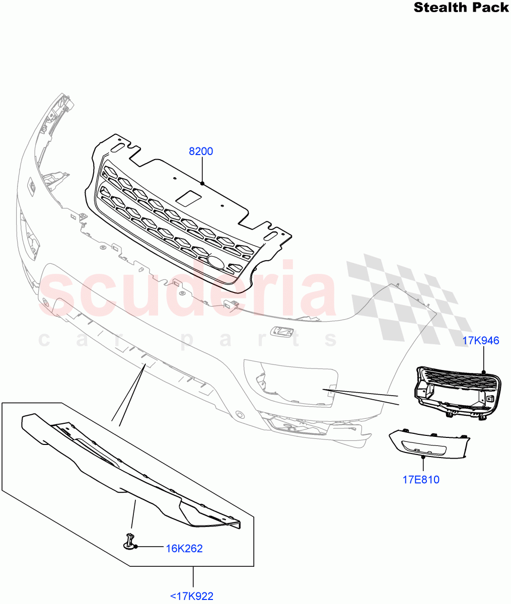 Radiator Grille And Front Bumper(Tow Eye Cover - Satin Black,Stealth Pack)((V)FROMFA000001,(V)TOHA999999) of Land Rover Land Rover Range Rover Sport (2014+) [2.0 Turbo Petrol AJ200P]