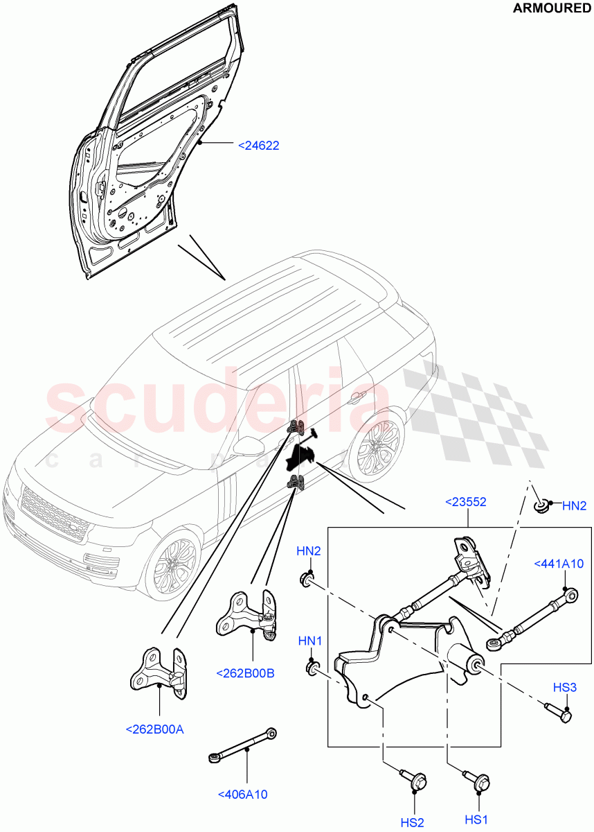 Rear Doors, Hinges & Weatherstrips(Armoured)((V)FROMEA000001) of Land Rover Land Rover Range Rover (2012-2021) [2.0 Turbo Petrol AJ200P]