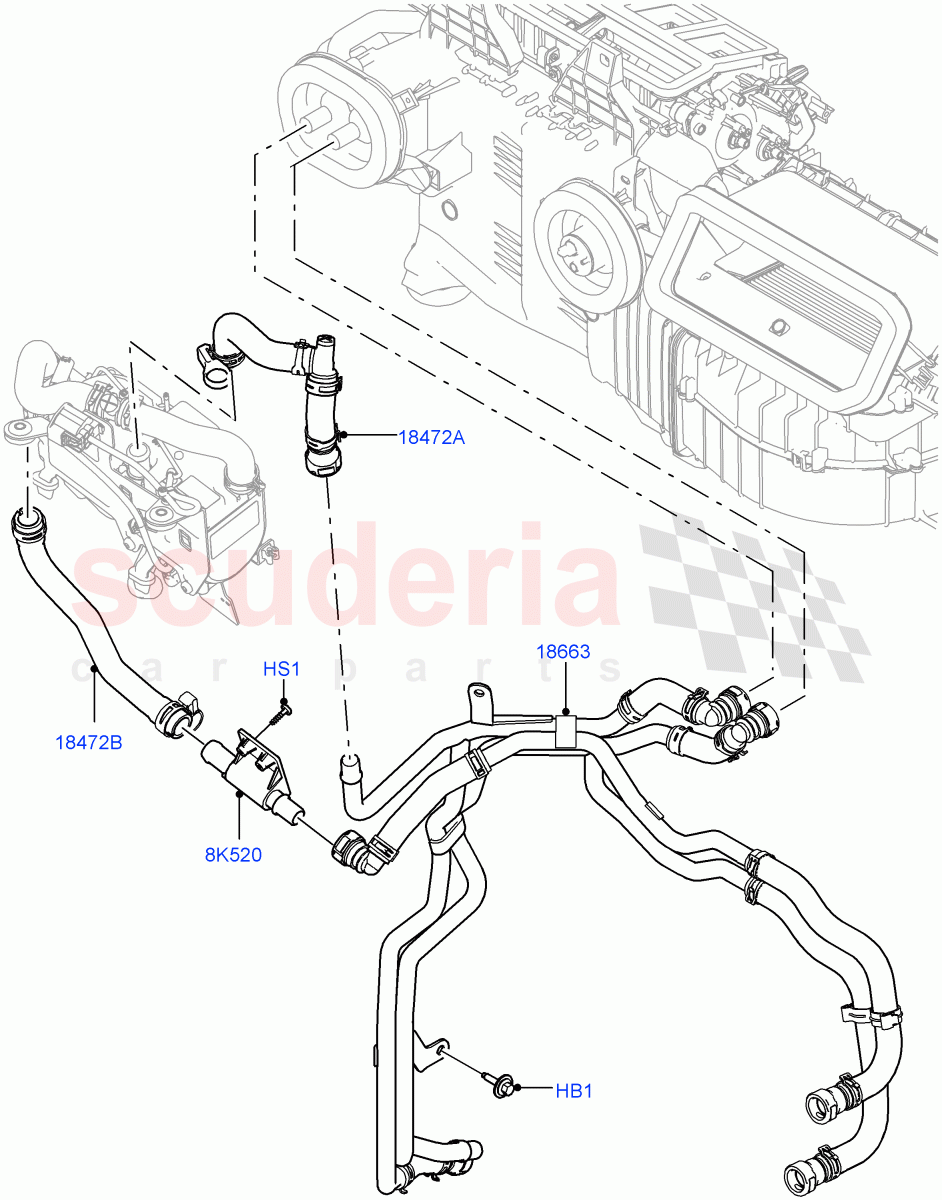 Heater Hoses (Solihull Plant Build) (2.0L I4 DSL MID DOHC AJ200, With Fuel Fired Heater, With Air Conditioning - Front/Rear, Less Park Heating, 2.0L I4 DSL HIGH DOHC AJ200) ((V) FROMHA000001, (V) TOHA999999) of Land Rover Land Rover Discovery 5 (2017+) [3.0 I6 Turbo Petrol AJ20P6]