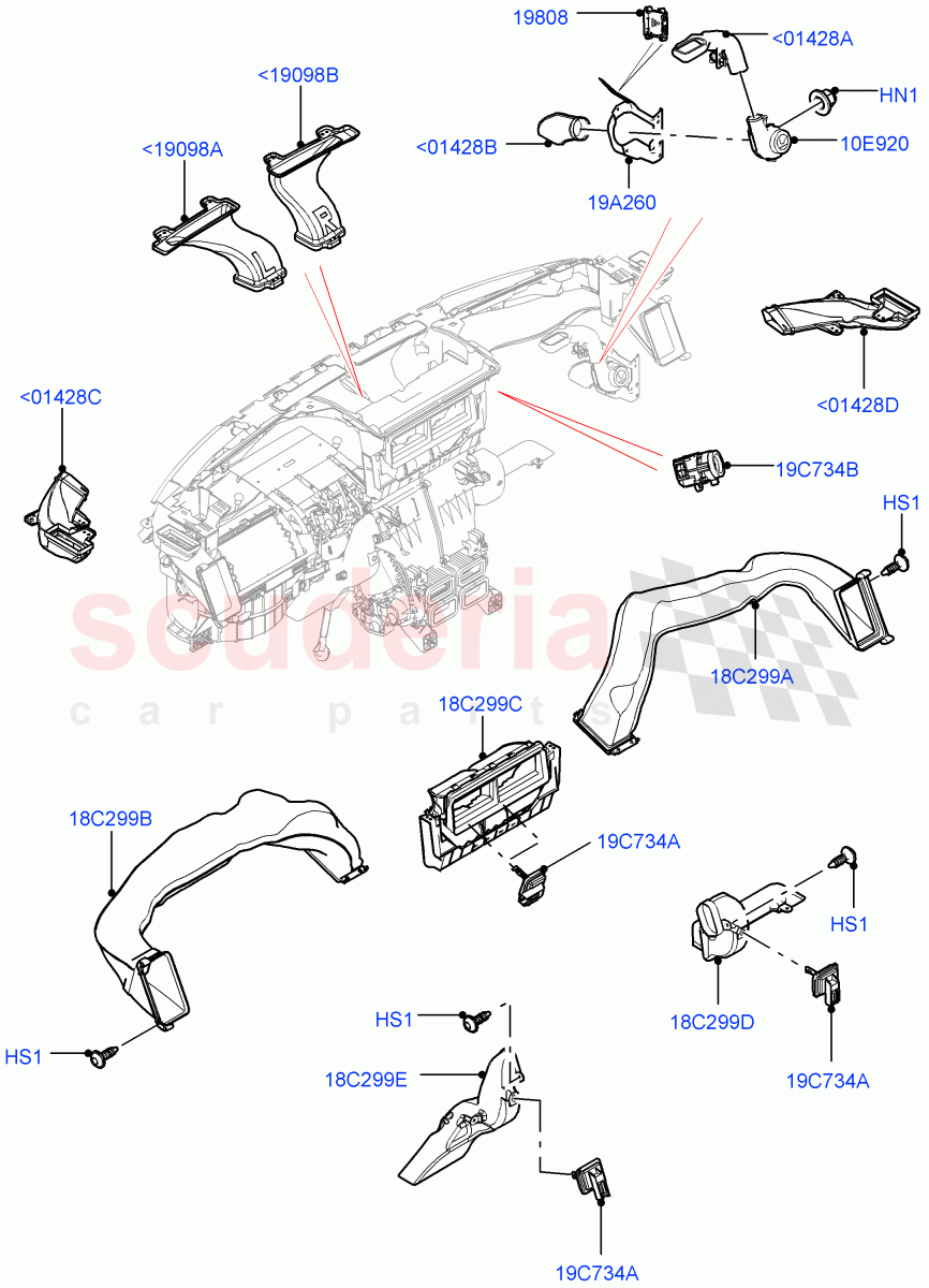 Air Vents, Louvres And Ducts (Instrument Panel, Nitra Plant Build, Internal Components) (Head Up Display) ((V) FROMK2000001) of Land Rover Land Rover Discovery 5 (2017+) [3.0 I6 Turbo Diesel AJ20D6]