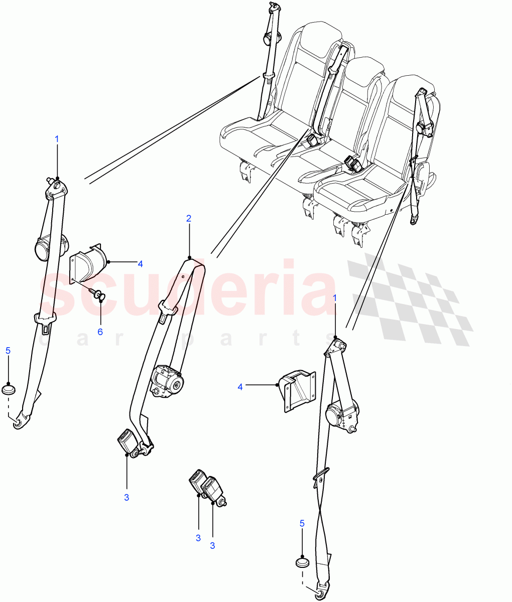 Rear Seat Belts (Station Wagon - 5 Door, 110" Wheelbase, With 7 Seat Configuration, Crew Cab Pick Up, With 5 Seat Configuration, Chassis Crew Cab, 130" Wheelbase, Crew Cab HCPU) ((V) FROM7A000001) of Land Rover Land Rover Defender (2007-2016)