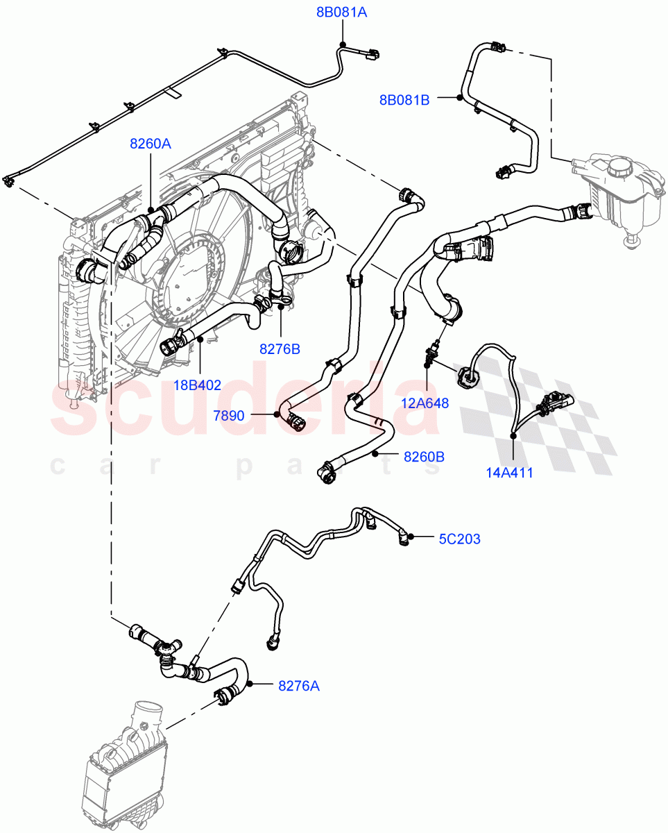 Cooling System Pipes And Hoses (2.0L AJ20D4 Diesel Mid PTA, 9 Speed Auto Trans 9HP50, Halewood (UK), Medium Engine Cooling, Fuel Tank-Diesel With Filters, 2.0L AJ20D4 Diesel LF PTA, High Engine Cooling, Low Engine Cooling) of Land Rover Land Rover Discovery Sport (2015+) [2.0 Turbo Diesel]