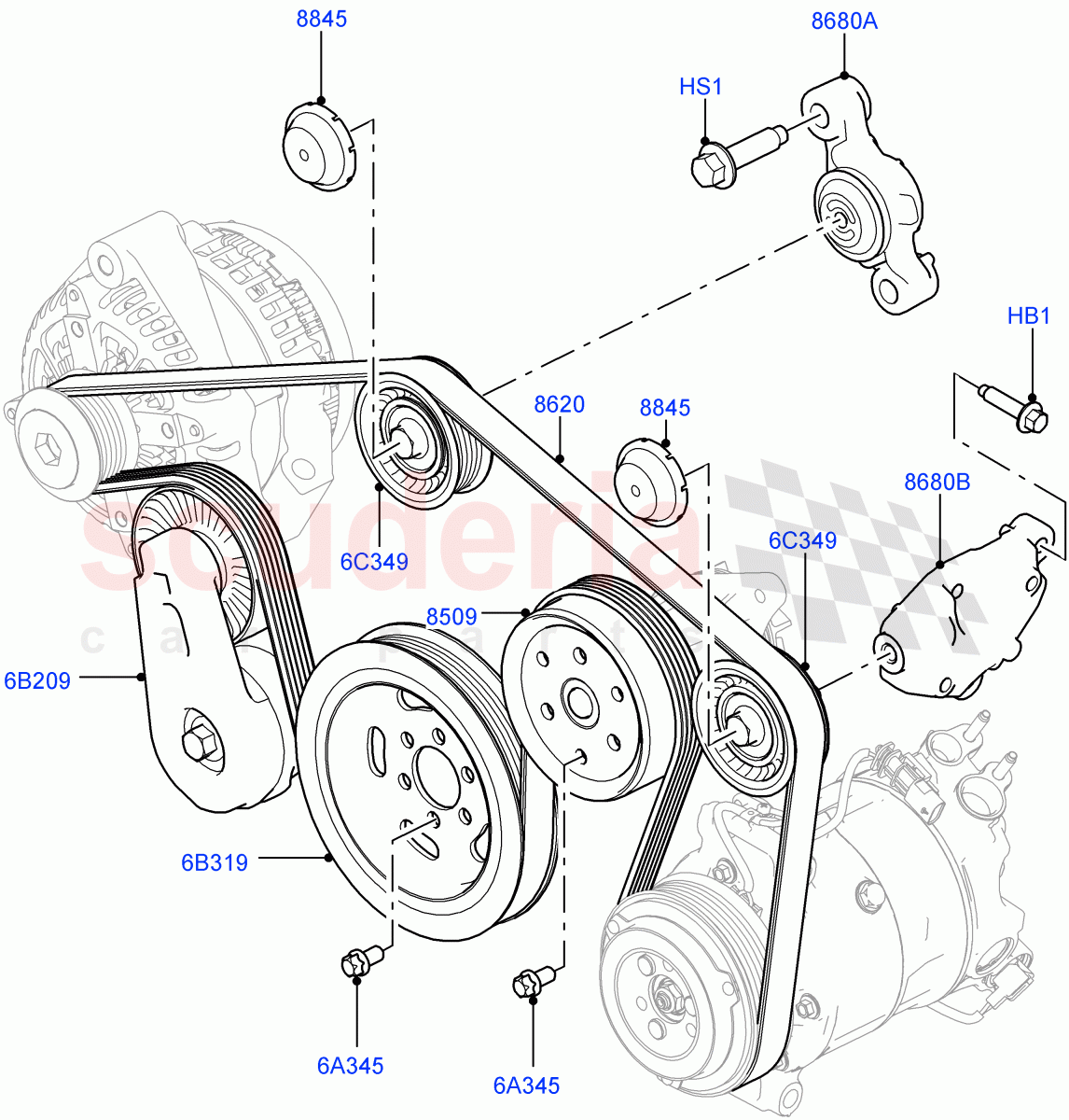 Pulleys And Drive Belts (Solihull Plant Build, Front) (3.0 V6 D Gen2 Twin Turbo, With Performance Suspension, 3.0 V6 D Low MT ROW, 3.0 V6 D Gen2 Mono Turbo, With Four Corner Air Suspension) ((V) FROMKA000001) of Land Rover Land Rover Range Rover Sport (2014+) [3.0 Diesel 24V DOHC TC]
