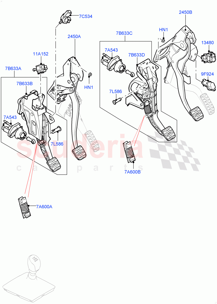 Brake And Clutch Controls (All 6 Speed Manual Volvo M66, Halewood (UK), Unique Met Finish Foot Pedals Pads) of Land Rover Land Rover Range Rover Evoque (2012-2018) [2.0 Turbo Diesel]